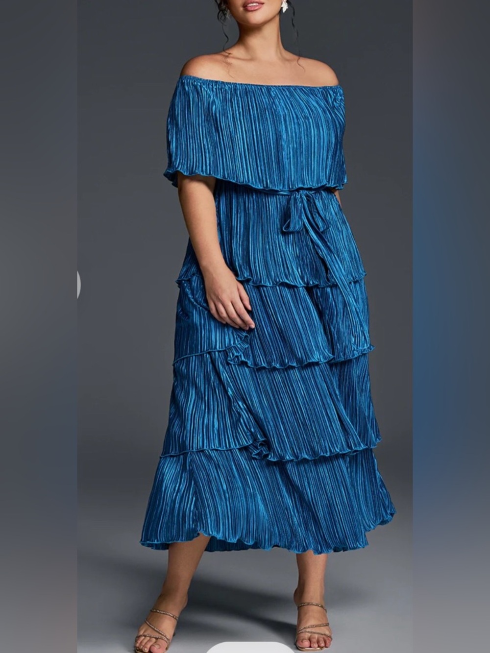 Off-Shoulder Tiered Pleated Maxi Dress in Cobalt - Picture 2 of 5